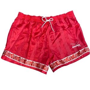 Diadora Vintage Shorts Nylon Red 80s 90s Unlined Satin Stripes Soccer Running